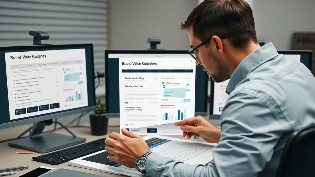 Brand voice guidelines designer assembling a structured brand guide with document layouts