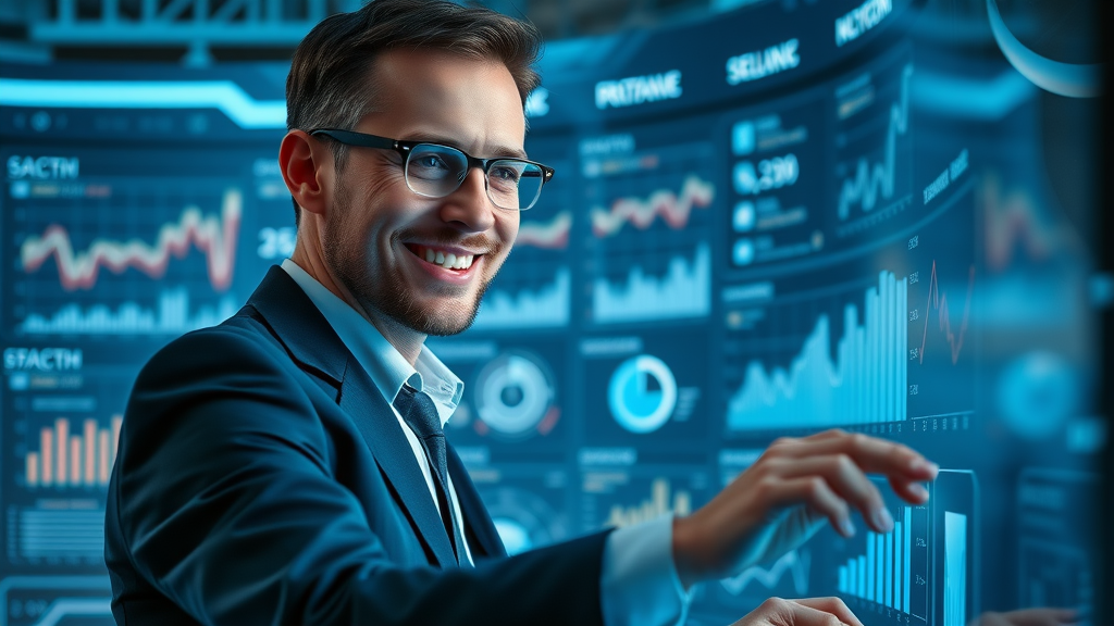 modern business owner monitoring search console dashboard and tracking organic traffic growth using advanced analytics in a futuristic workspace