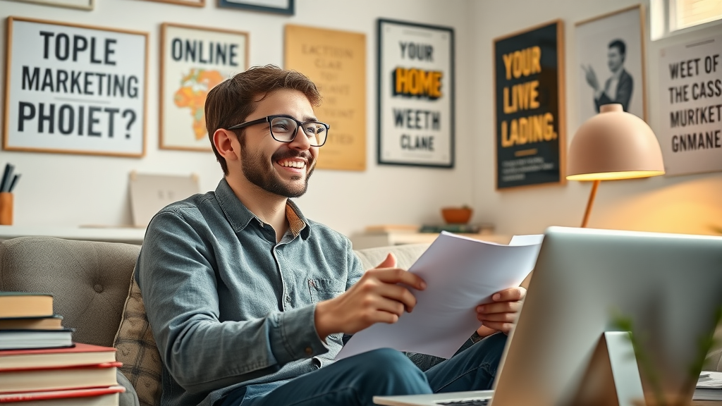 digital marketing student learning online surrounded by digital tools