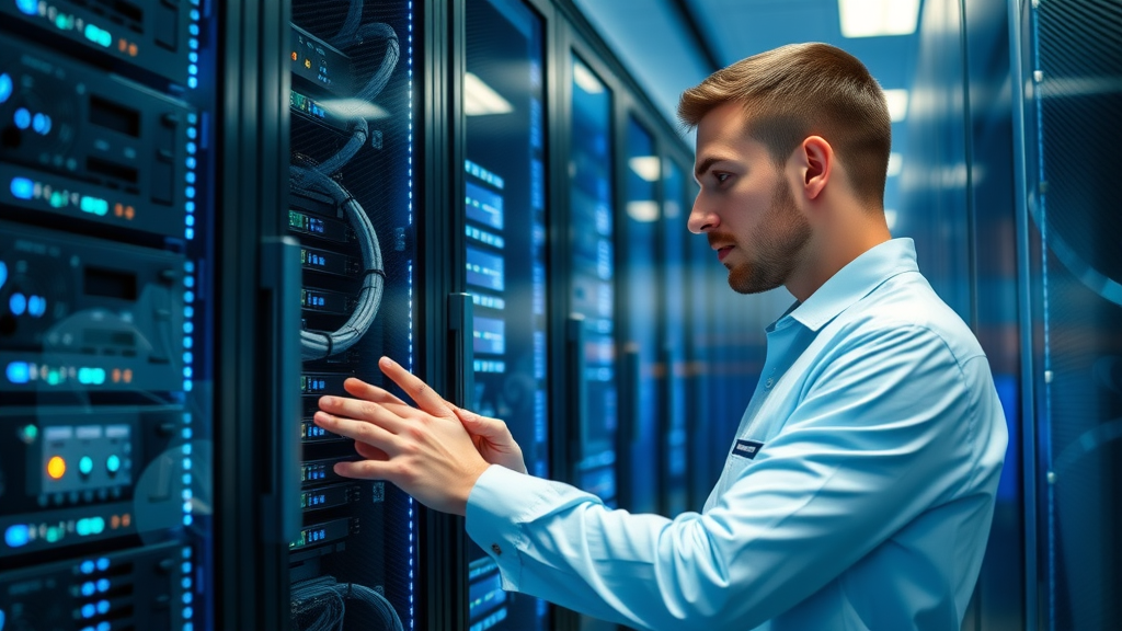 modern server racks with blue LED lights, website hosting expert checking equipment in a high-tech data center