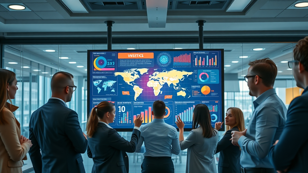 Stunning viral infographic displayed on large screen, professionals discussing media content types, content ideas for social media platforms
