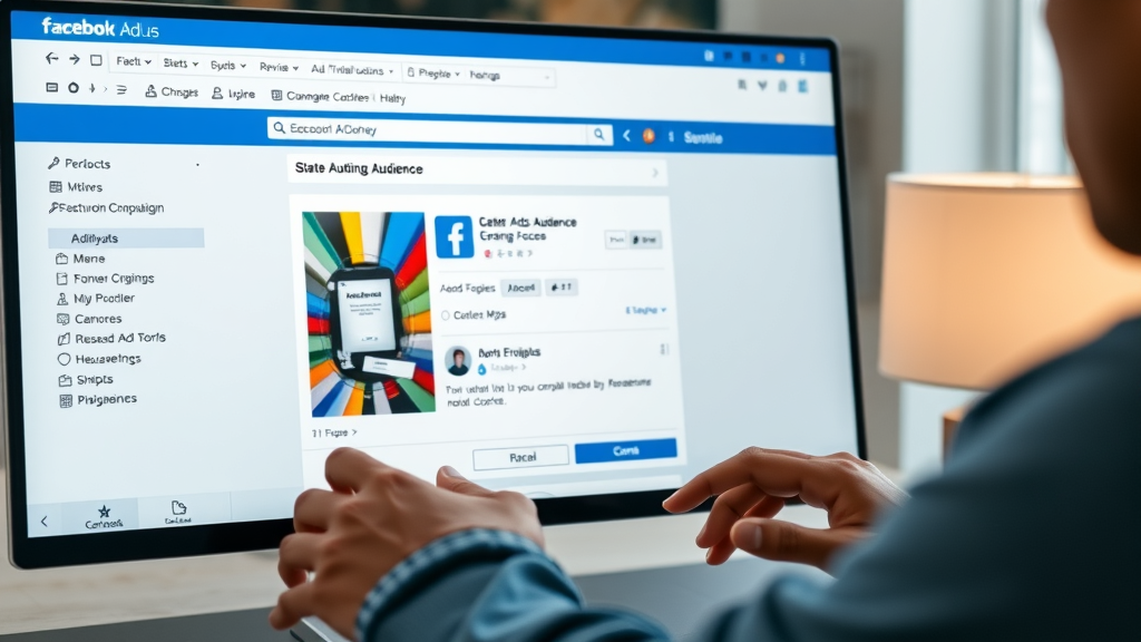 setting up custom audience retargeting campaign on Facebook Ads platform, digital workspace, interactive screen