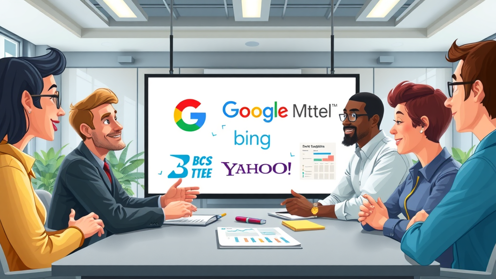Diverse team discussing major search engine market players: Google, Bing, Yahoo