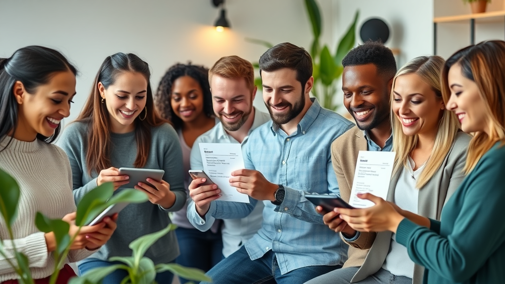 email marketing strategies diverse people filling opt-in forms and downloading lead magnets in a modern office