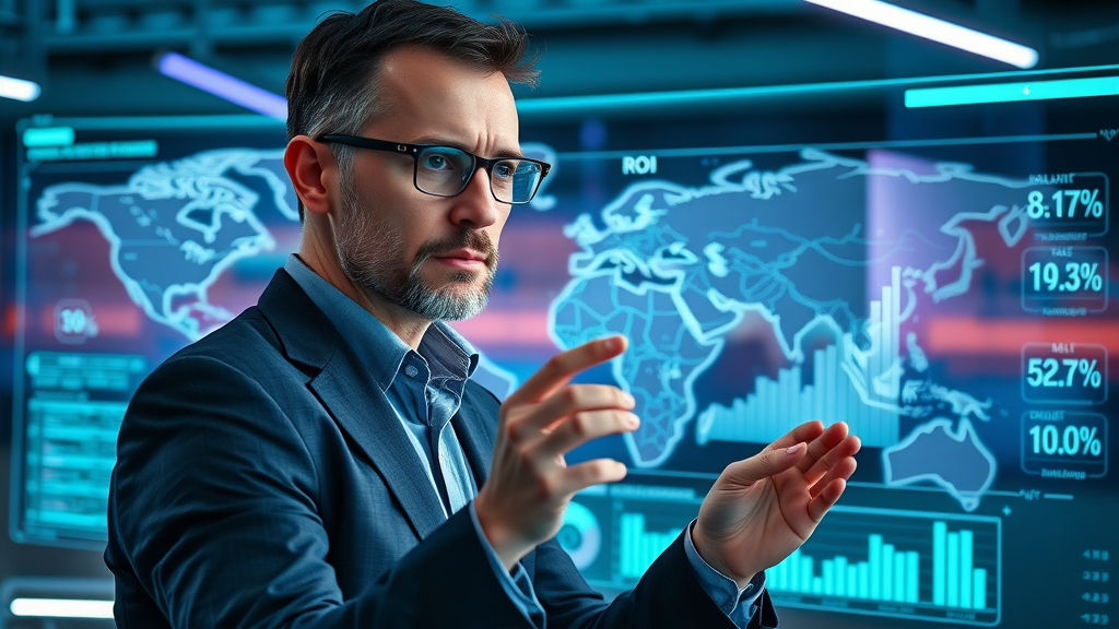 marketing manager reviewing ROI statistics with automation tool data visualization