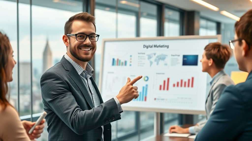 Executive presenting data-driven digital marketing strategy chart, pointing at interactive whiteboard with city skyline