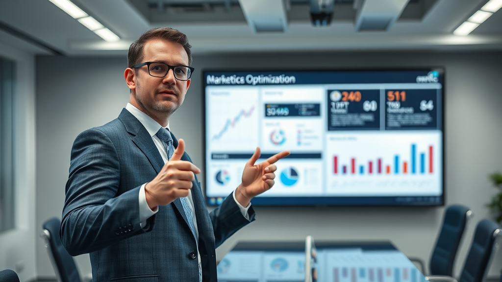 marketing strategy - Corporate strategist presenting video metrics and optimization plans in a modern meeting room