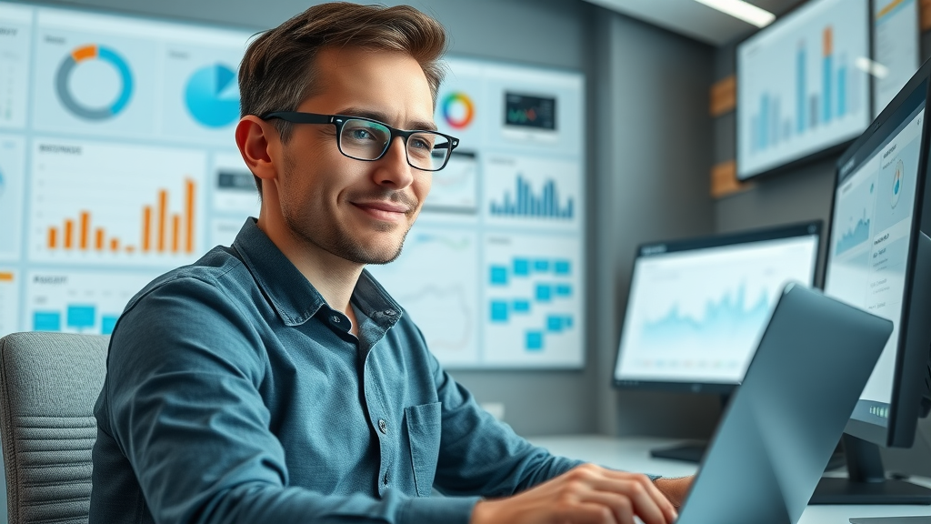 Digital marketer using automation tools for social media management; modern workspace; dashboards and scheduling calendars