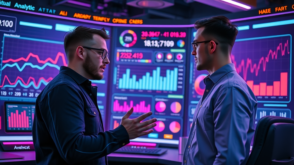 forward-thinking digital marketers exploring AI-powered engagement metrics analytics dashboard with future trends in neon-lit command center