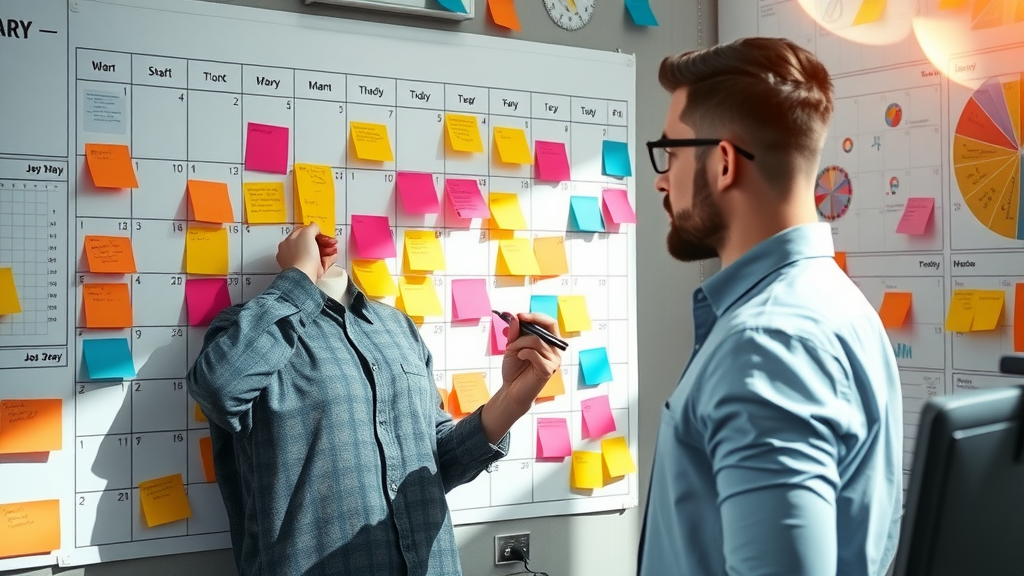 Creative strategist mapping out a colorful wall calendar for content plan, balancing evergreen and viral content ideas, social media content types