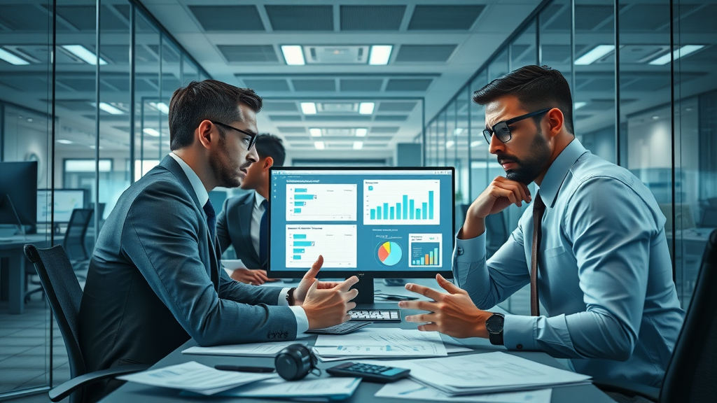 Frustrated business professionals analyzing failed crm integration on computer screens in a modern corporate office
