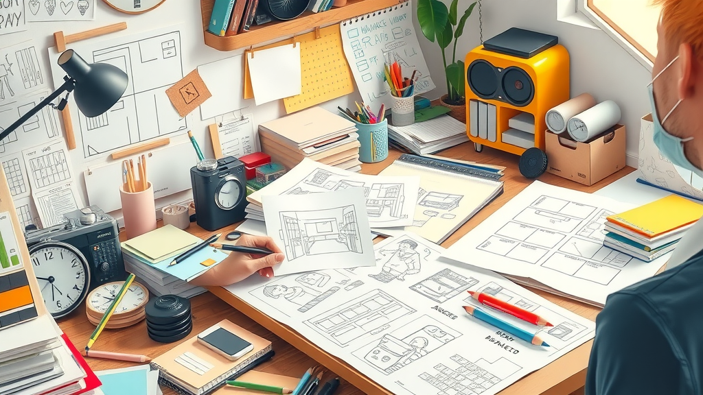 Creative content producer assembling storyboard for explainer and testimonial video styles, busy studio with colorful clutter