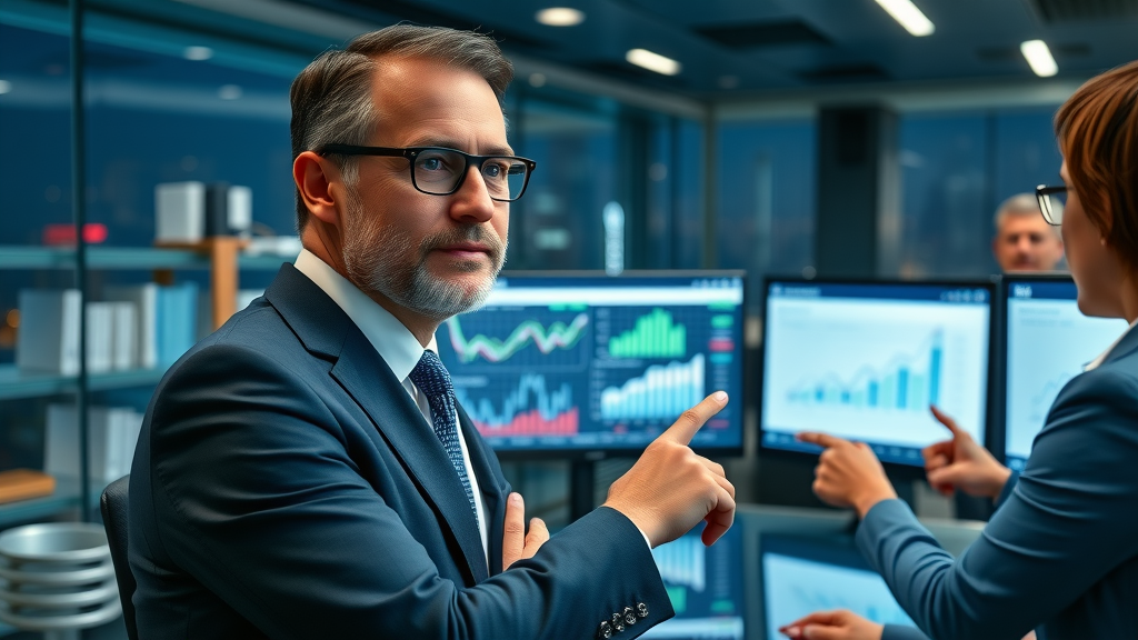 A strategic business leader reviews competitor charts with a team in a high-tech boardroom during a competitive analysis session.