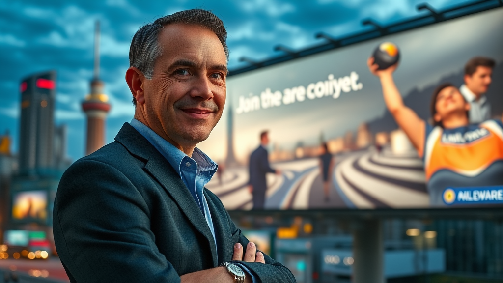 brand leader overseeing campaign billboard building positive brand image at dusk cityscape