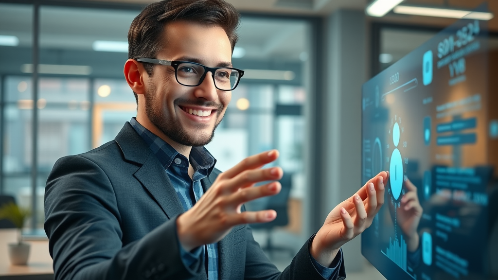 modern digital marketer interacting with a virtual chatbot interface, engaging in marketing chatbot strategies