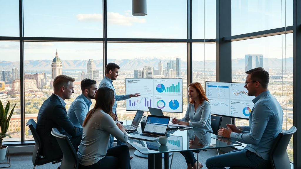 Salt Lake City digital marketing agency team working in modern office with skyline view.
