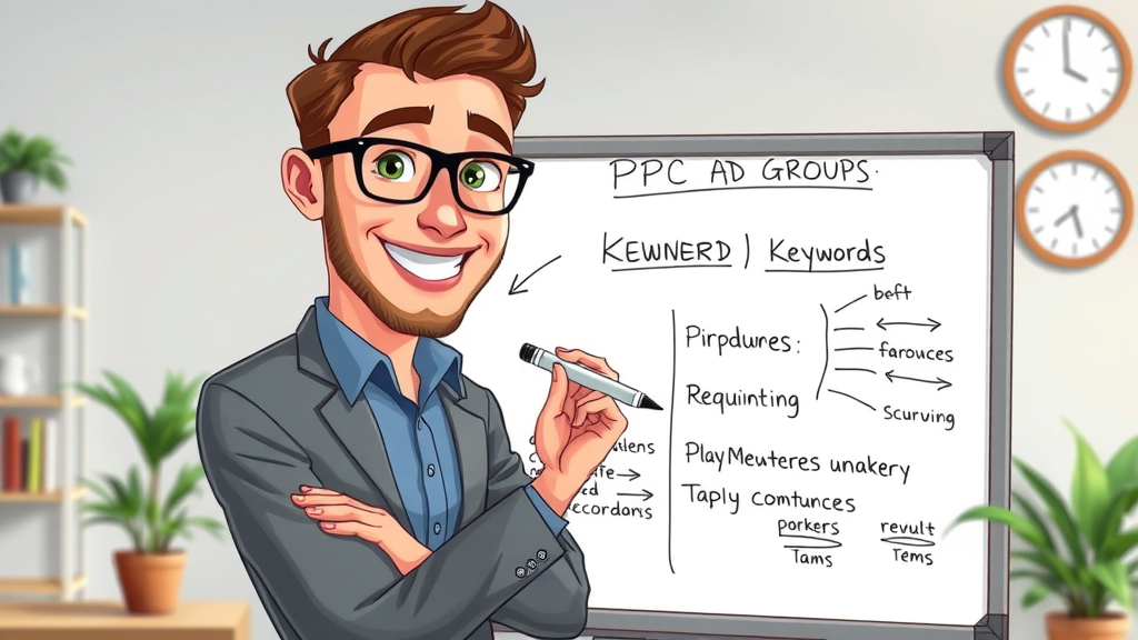 Marketing professional organizing pay-per-click ad groups and keyword planning on a whiteboard, illustrating PPC ad structure essentials.