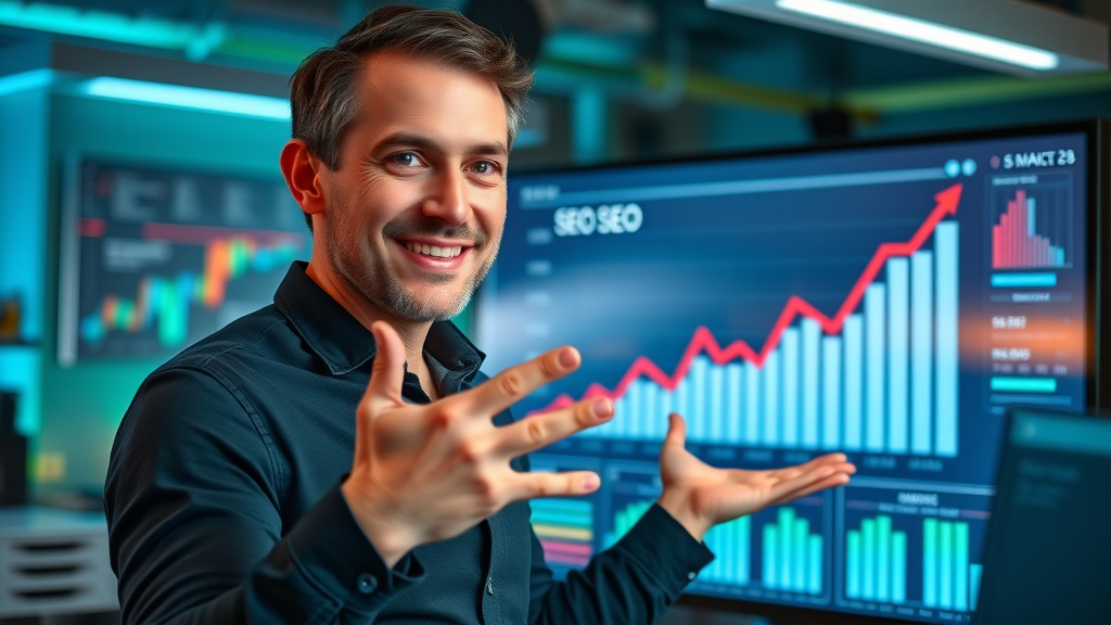 Confident marketer presenting SEO techniques chart to boost organic traffic