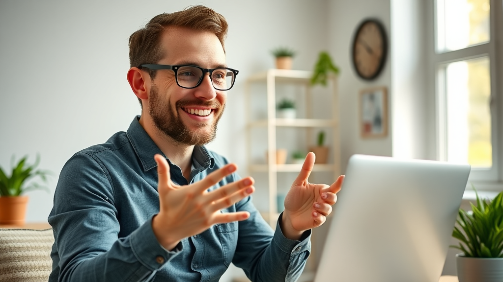 Confident entrepreneur observing increased website engagement after implementing video marketing, celebrating success at home office