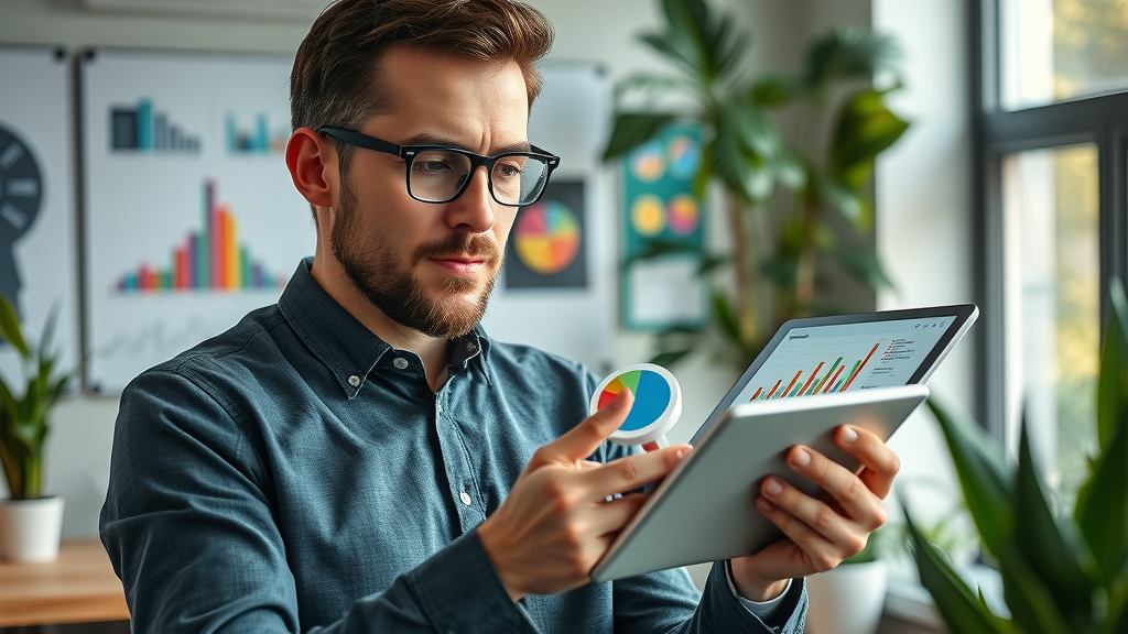 A data-driven entrepreneur analyzes colorful pie charts and demographic graphics on a digital tablet, highlighting market segmentation in market research.