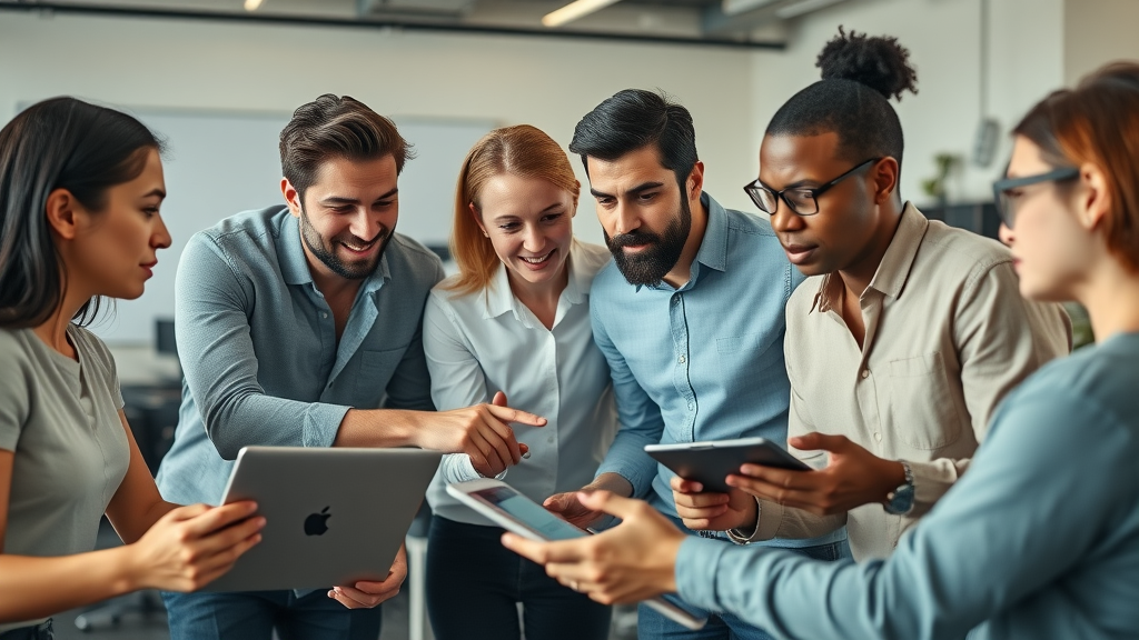 diverse marketing team discussing content strategy in a creative agency workspace