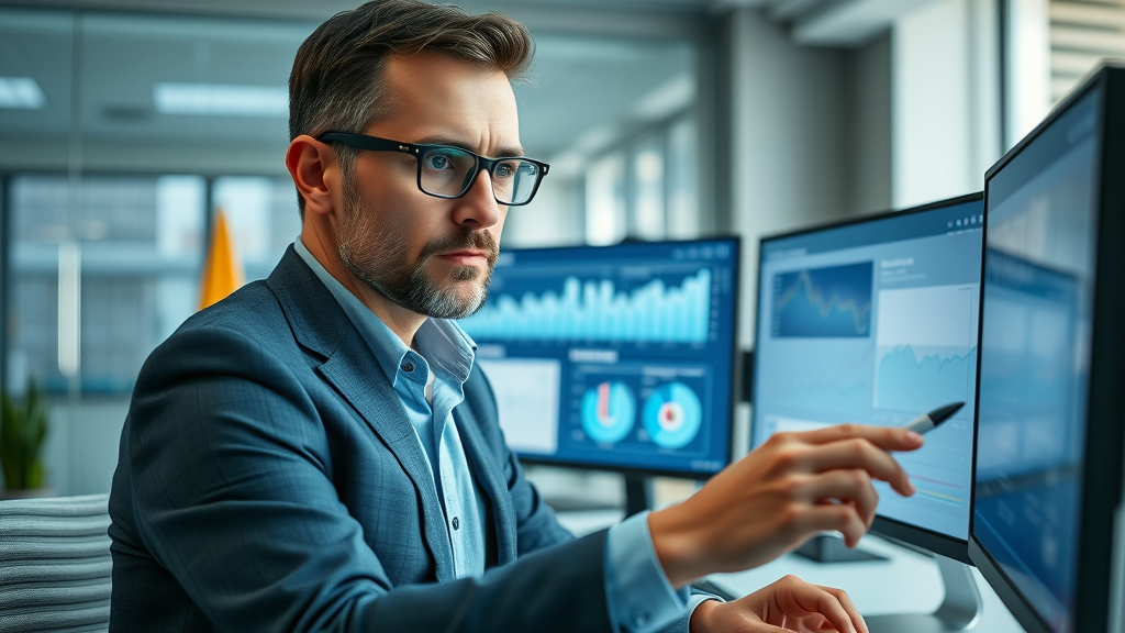 Business analyst reviewing influencer marketing campaign metrics with charts