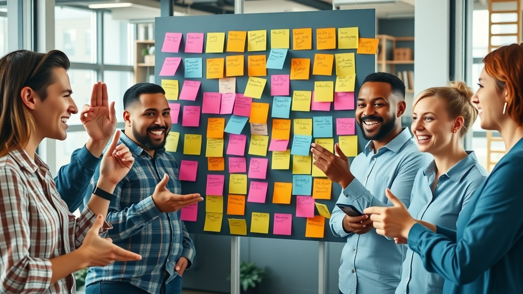 Energetic team brainstorming creative social media campaigns, sticky notes representing media content, agency workspace, content idea discussion, social media content