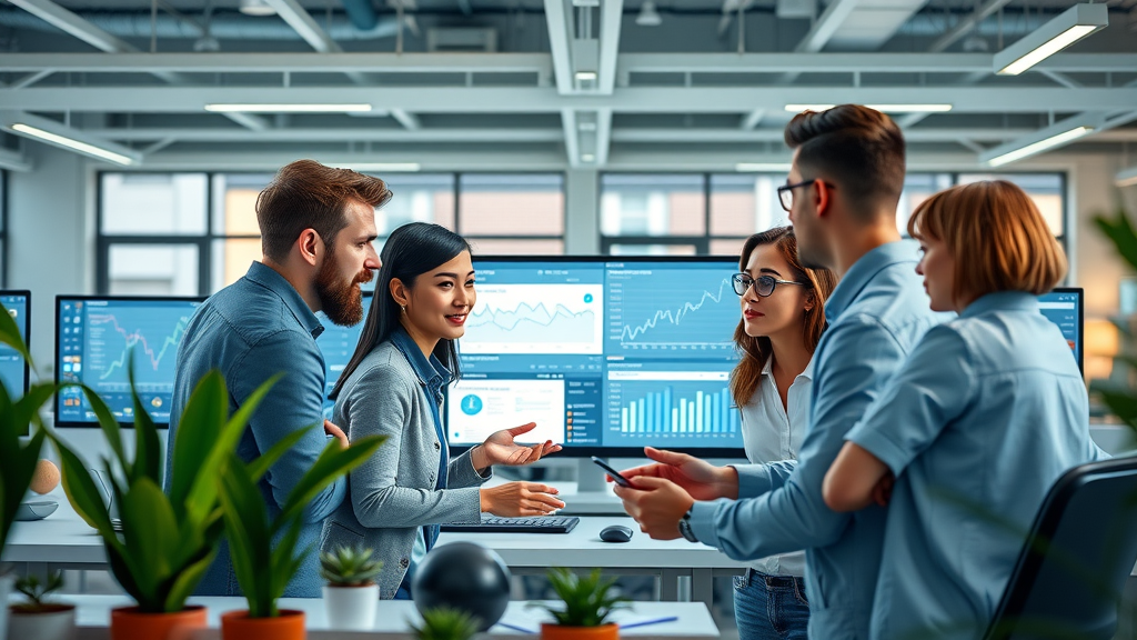 social media tools modern workspace marketing team collaborating digital analytics dashboard
