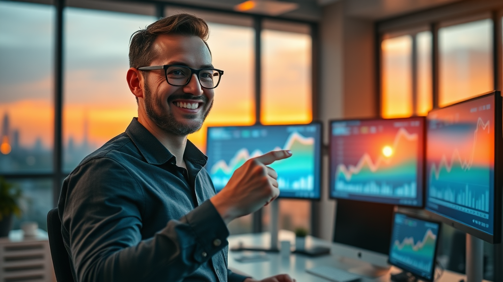 happy entrepreneur pointing at conversion results dashboard after customer retargeting success