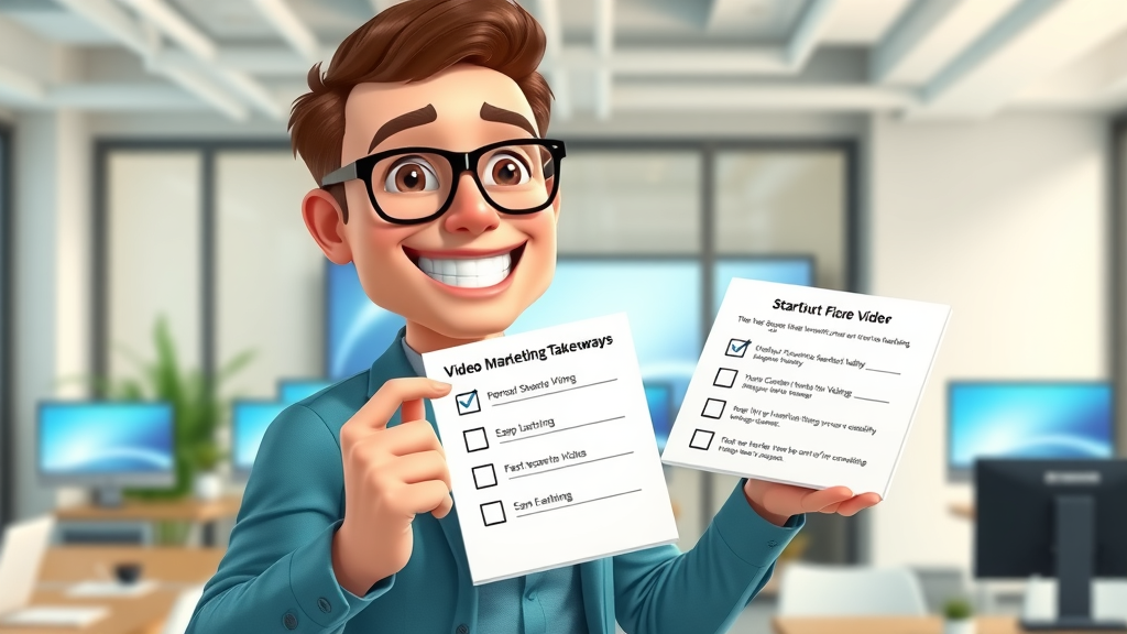 Confident startup founder presenting checklist of video marketing campaign takeaways, modern office with screens