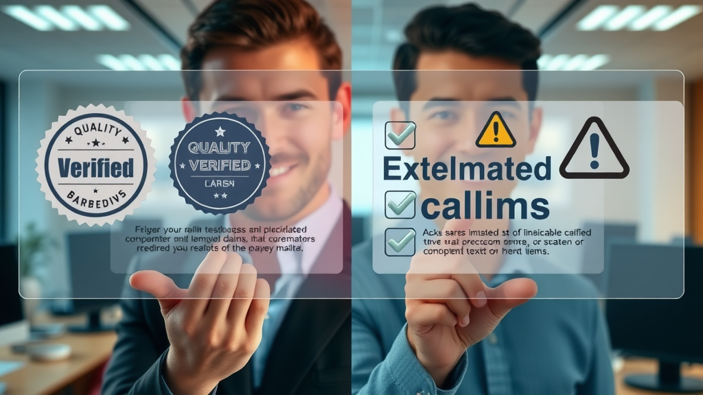 Digital displays showing positive testimonials and badges vs exaggerated claims in a split office workspace