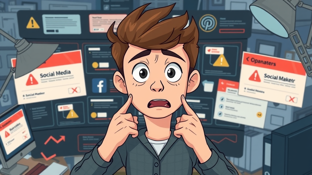 frustrated marketer at social media marketing failure dashboard, learning from common pitfalls
