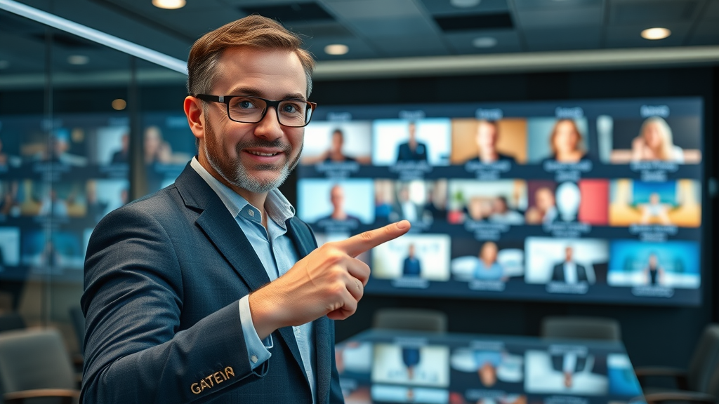 video content integration - strategist presenting omnichannel video ad campaign plan in a high-tech meeting room