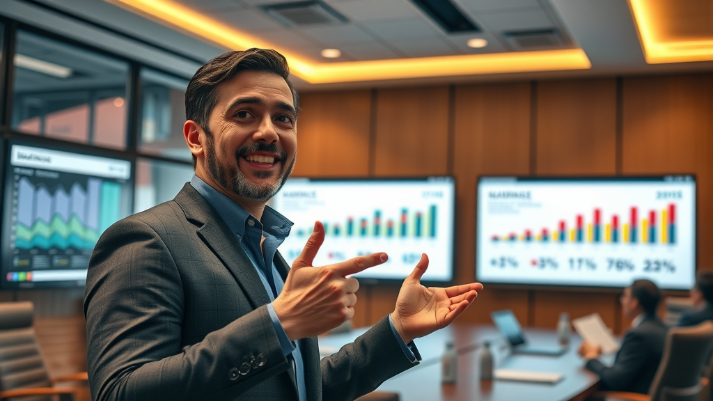 Marketers presenting AI-segmented campaign success on digital screens in boardroom