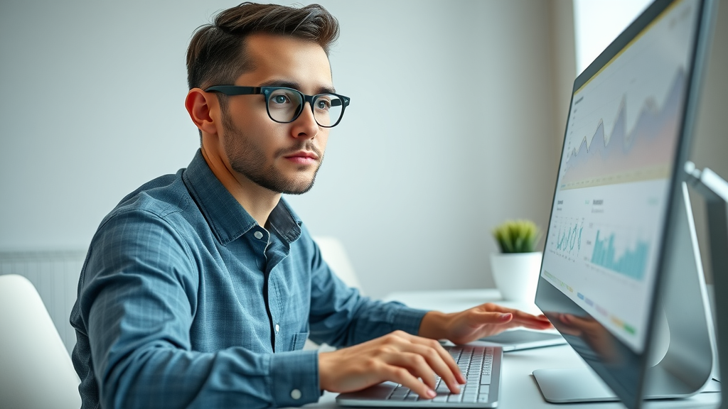confident marketing professional analyzing online reputation marketing dashboard