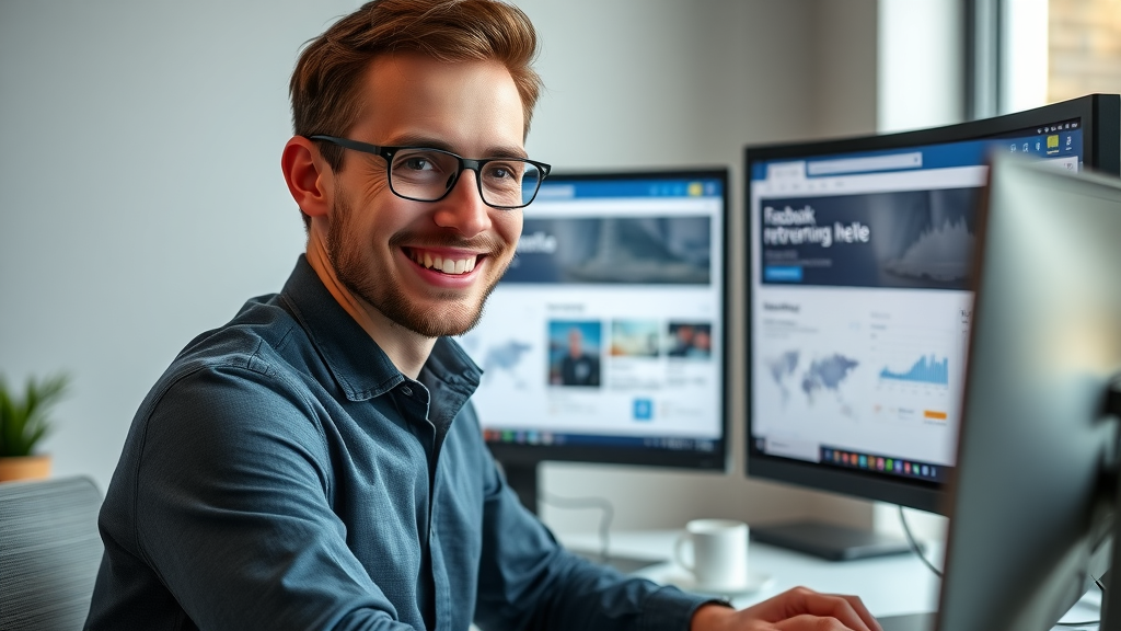 Focused digital marketer setting up Facebook retargeting campaign, showing dual monitors with social media dashboards and visual engagement charts