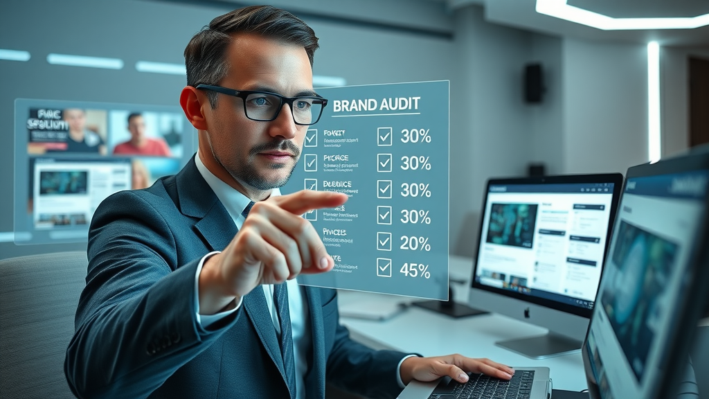 Marketing expert conducting digital brand audit, reviewing brand reputation for consistent online presence