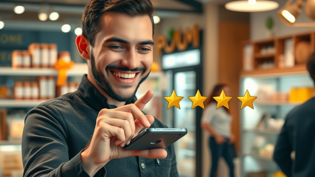 happy customer leaving 5-star review, review generation and star ratings