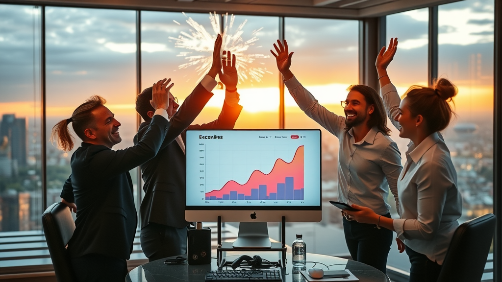 celebrating video marketing analytics success - business team high-fiving in front of rising digital sales graph on computer in urban office