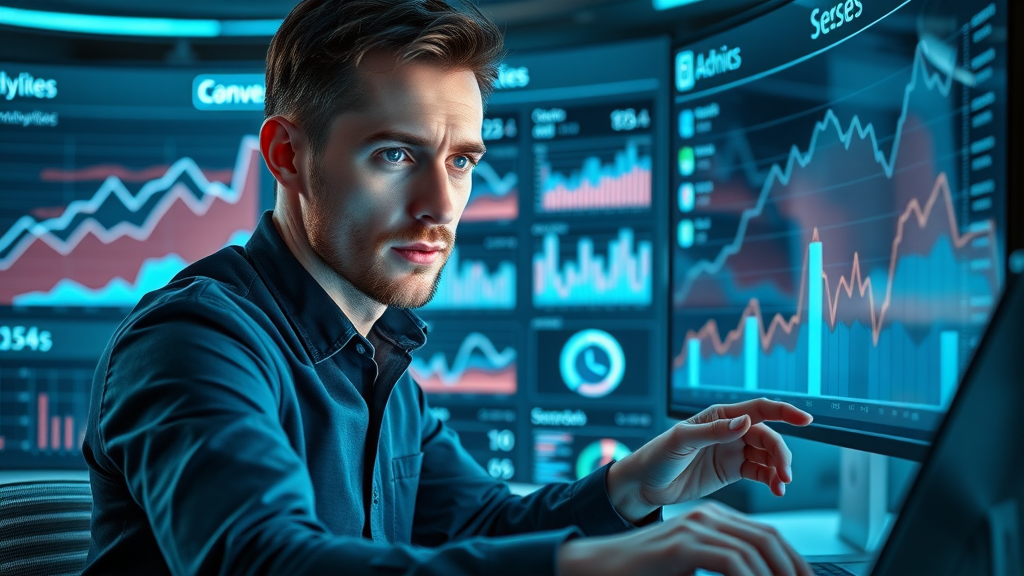 conversion rates - Analytics dashboard with video marketing conversion metrics and marketer analyzing data