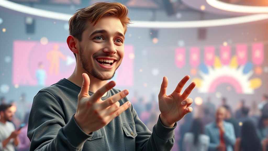 smiling influencer sharing brand message on a live social media stream with digital icons