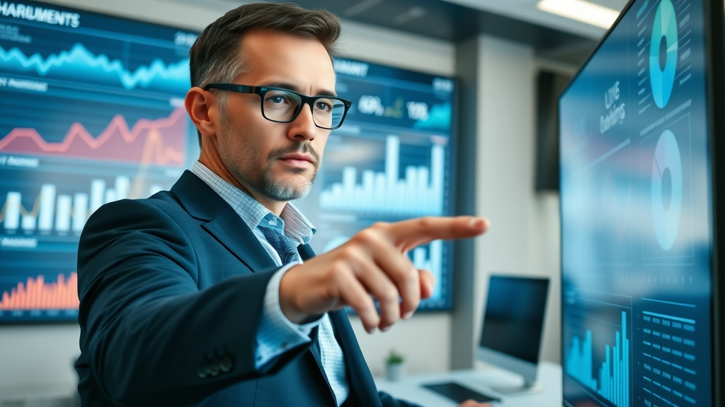 video marketing analytics dashboard - dynamic business professional reviewing digital video marketing analytics data on large screens in modern office