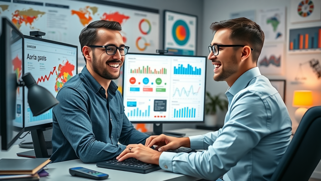 digital marketing analyst conducts A/B testing on retargeting platform, dual screens, performance graphs