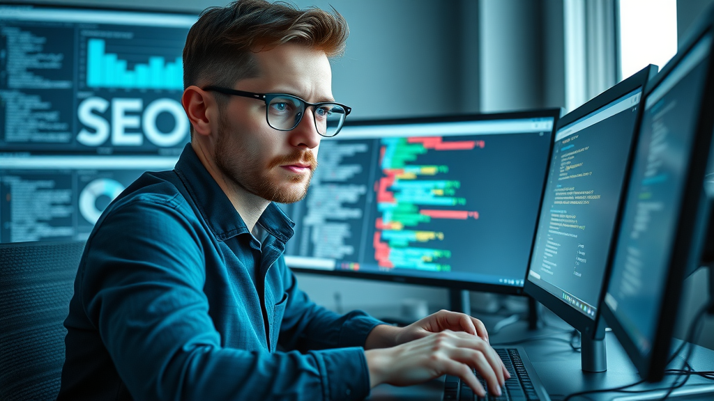 focused web developer performing on-page SEO optimizations to boost organic traffic, surrounded by SEO charts in a modern workspace