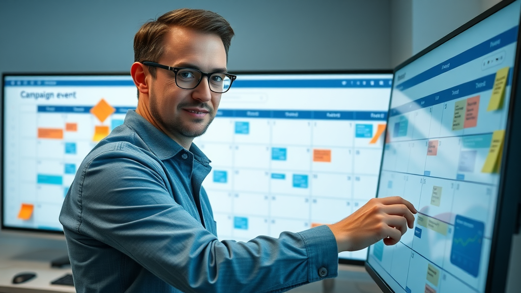 email marketing strategies manager planning campaign on digital calendar screen