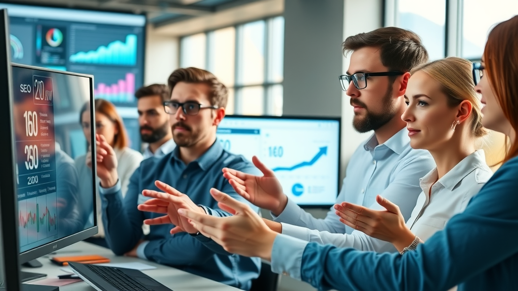 vibrant group of digital marketing professionals analyzing seo strategies and analytics on screens for organic traffic