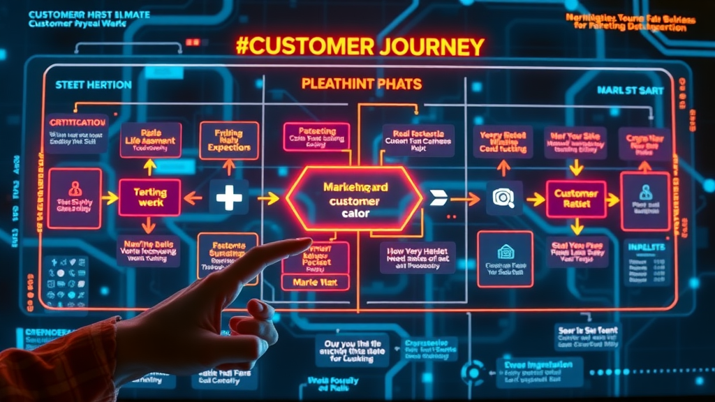 digital flowchart, customer journey touchpoints mapped with marketing data, holographic interface background