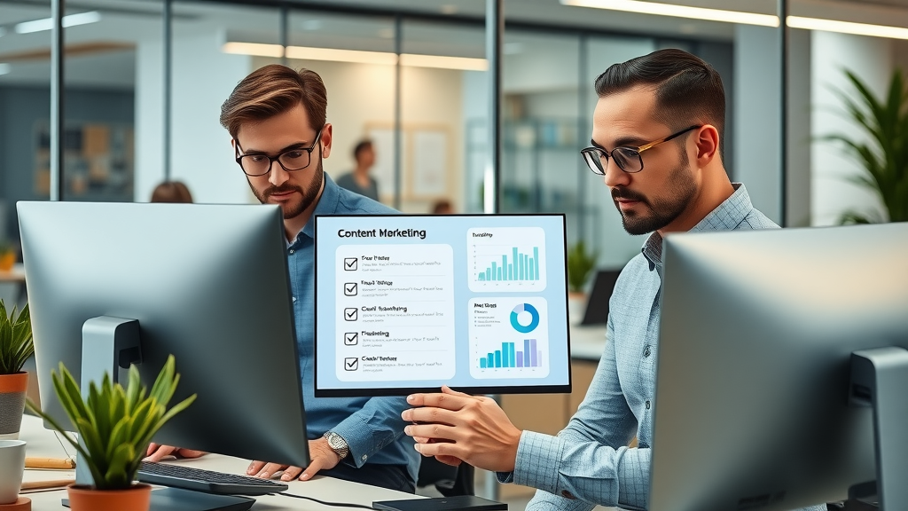 Content marketing tools: Team leaders evaluating performance of top marketing platforms in modern office.