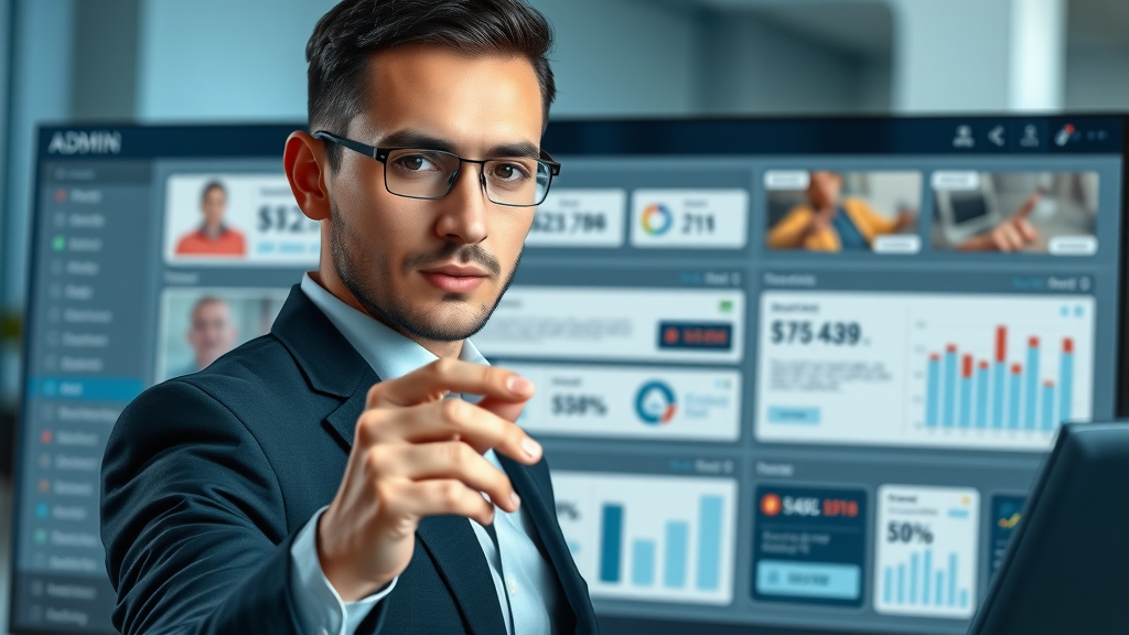 Professional admin panel for content management system; business person moving and editing content blocks in CMS platform.