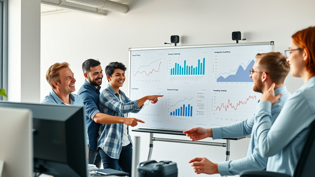 energetic digital marketing team collaborating on SEO strategies to boost organic traffic, analyzing charts and search results in a modern office